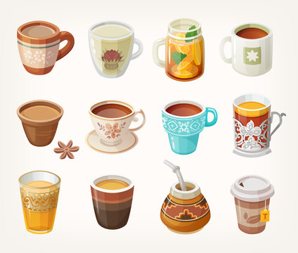 Set of colorful warm tea cups from all over the world for different occasions.