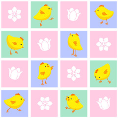 Seamless Eastern pattern with chickens and flowers