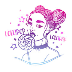 cute vector art card with gothic girl and lollipop sweet candy. Fashion woman. linear tattoo print illustration.