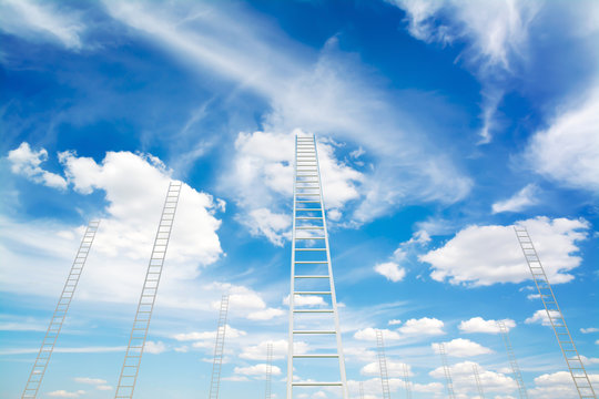 design element. 3D illustration. rendering. metal Ladders into blue sky color  image