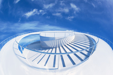 design element. 3D illustration. rendering. spiral stairs tower into blue sky color  image