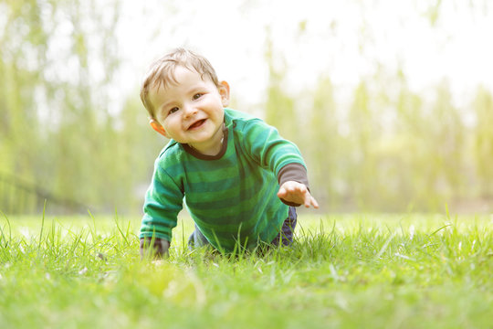 Cute happy little Boy (7 months old) discovering nature. Crawling in the Grass on a Sunny Day while Smiling