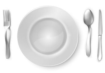 Blank white plate with silver fork, spoon and knife.
