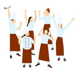 Chefs and restaurant staff on the kitchen on white background.