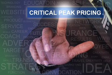 Fototapeta na wymiar Businessman touching critical peak pricing button on virtual screen