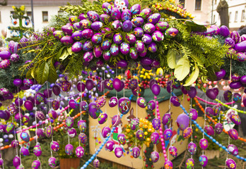 Easter fountain. Osterbrunnen. Traditional german easter eggs outdoor decoration. 