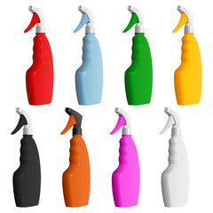 Набор разноцветных пластиковых бутылок моющего средства с насадками для разбрызгивания, на белом фоне