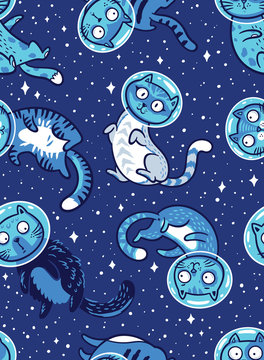 Vector seamless pattern with cats in space.