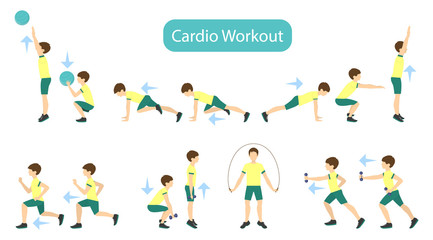 Fototapeta premium Exercises for kids set. Workout for boy. Cardio exercises with weights, jumping rope and ball. Healthy lifestyle for children.