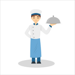 Isolated man chef on white background. Cook in uniform and hat holds the dish.