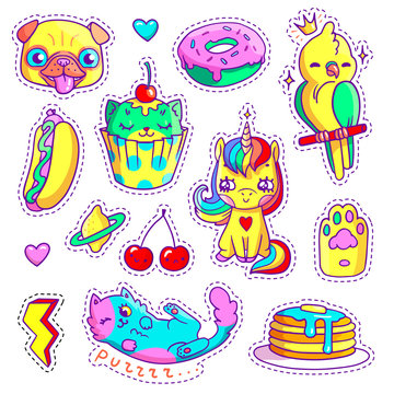 Neon stickers set in 80s-90s pop art comic style. Patch badges and pins with cartoon animals, sweet and fast food. Vector crazy doodles with cute unicorn, pug's head, cupcake cat etc.
