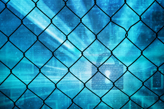 Turquoise blue colored closed binary number padlock illustration with wire fence background. Safety concept copy space background.