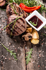 Beef steak on woode table, Fresh grilled steak with vegetable