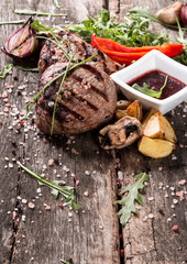 Beef steak on woode table, Fresh grilled steak with vegetable