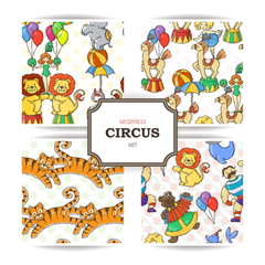 Set of doodle seamless patterns with circus animals and artists.