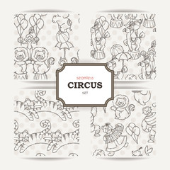 Set of doodle seamless patterns with circus animals and artists.