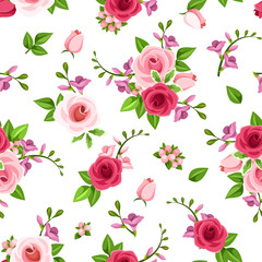 Vector seamless pattern with red and pink roses and freesia flowers on a white background.