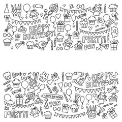 Vector kids party Coloring page Children birthday icons in doodle style Illustration with children, candy, balloon, boys, girls