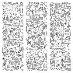Vector kids party Coloring page Children birthday icons in doodle style Illustration with children, candy, balloon, boys, girls
