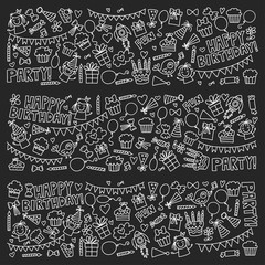 Kids party Vector illustration on blackboard Happy birthday Celebration with children