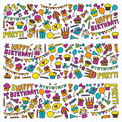 Fototapeta na wymiar Vector kids party Children birthday icons in doodle style Illustration with children, candy, balloon, boys, girls