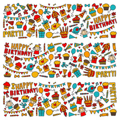 Fototapeta na wymiar Vector kids party Children birthday icons in doodle style Illustration with children, candy, balloon, boys, girls