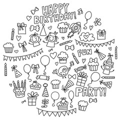 Vector kids party Coloring page Children birthday icons in doodle style Illustration with children, candy, balloon, boys, girls