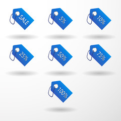 Set of blue leather price vector labels five, ten, twenty-five, fifty, seventy-five, one hundred percent sale off. isolated from background. layered.