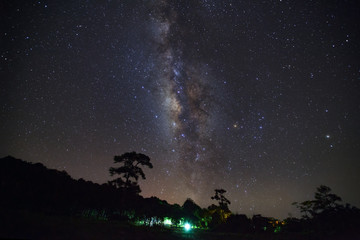 Fototapeta na wymiar Milky Way and silhouette of tree at Phu Hin Rong Kla National Park,Phitsanulok Thailand, Long exposure photograph.with grain