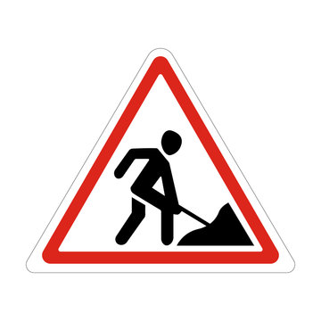 Road works sign, under construction. Warning red road sign, triangle shape with red border, working man isolated on white background. Illustration of warning sign about a roadwork. Vector