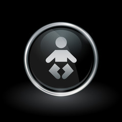 Baby care symbol with infant icon inside round chrome silver and black button emblem on black background. Vector illustration.