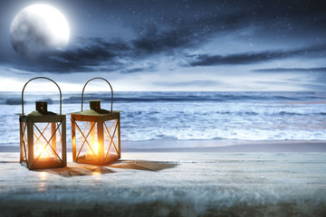 lamp and sea at night 