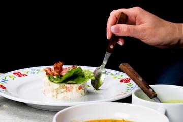 Different spring salads in plates