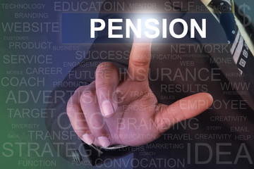 Businessman touching pension button on virtual screen