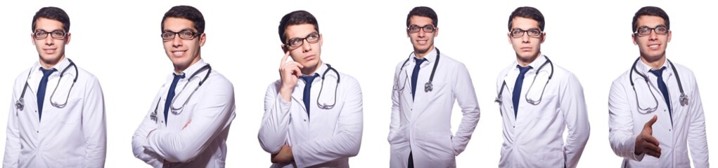 Young male doctor isolated on white