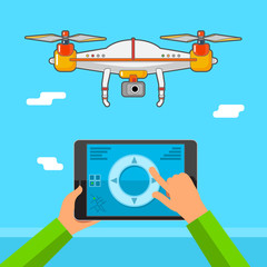 Drone control via the tablet. Quadcopter aerial with camera