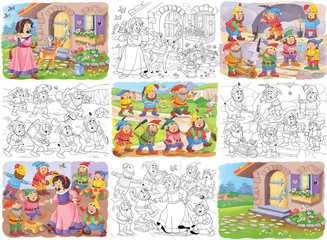 Snow White and the seven dwarfs. Fairy tale. Coloring page. Illustration for children. Cute and funny cartoon characters