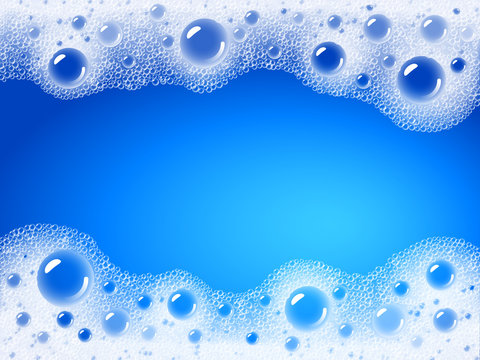 Soap foam overlying on the background of a blue water color
