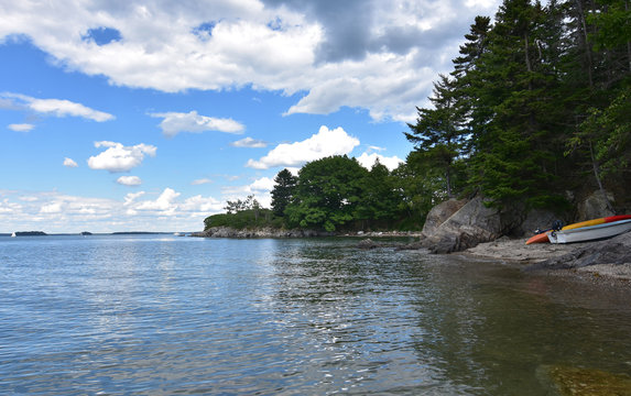 Boats on a Rocky Beach in Casco Bay in Maine