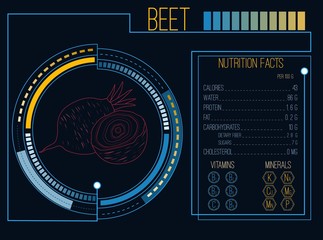Beet. Nutrition facts. Vitamins and minerals. Futuristic  Interface. HUD infographic elements. Flat design, no gradient. Vector illustration