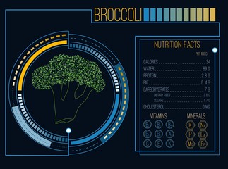 Broccoli. Nutrition facts. Vitamins and minerals. Futuristic  Interface. HUD infographic elements. Flat design, no gradient. Vector illustration