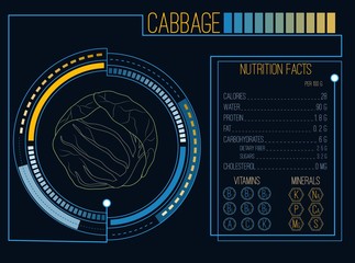 Cabbage. Nutrition facts. Vitamins and minerals. Futuristic  Interface. HUD infographic elements. Flat design, no gradient. Vector illustration