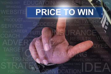 Businessman touching PRICE TO WIN button on virtual screen