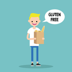 Young blond boy holding a paper bag with gluten free bread / flat editable vector illustration, clip art