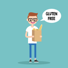 Young nerd boy holding a paper bag with gluten free bread / flat editable vector illustration, clip art