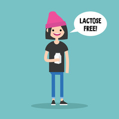 Fototapeta premium Young brunette girl holding a carton of lactose free milk / flat editable vector illustration, clip art