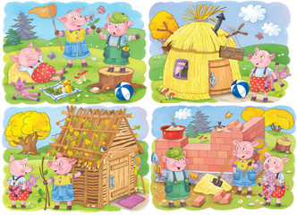 The three little pigs. Fairy tale. Coloring page. Coloring book. Cute and funny cartoon characters