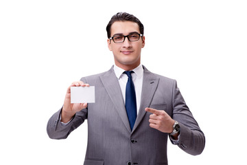Businessman with blank card isolated on white background