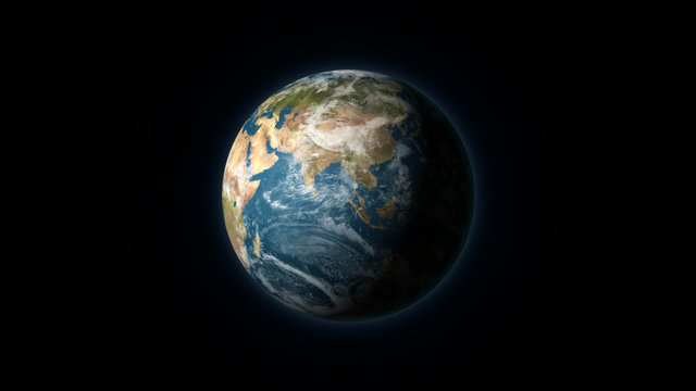 Realistic Earth centered on Asia on a black background