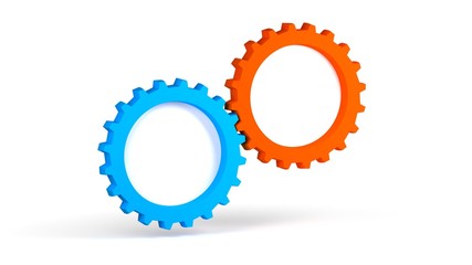 Two gears with white background for use in presentations, education manuals, design, etc. 3D